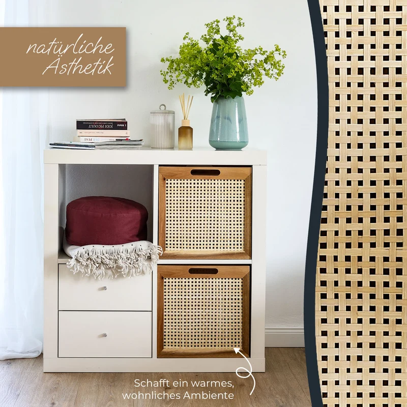 Kallax Rattan Korb mit Wiener Geflecht und Holzrahmen, 32 x 34 x 32cm