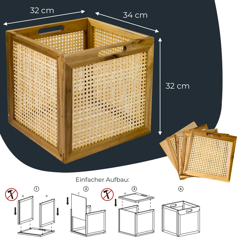 Kallax Rattan Korb mit Wiener Geflecht und Holzrahmen, 32 x 34 x 32cm