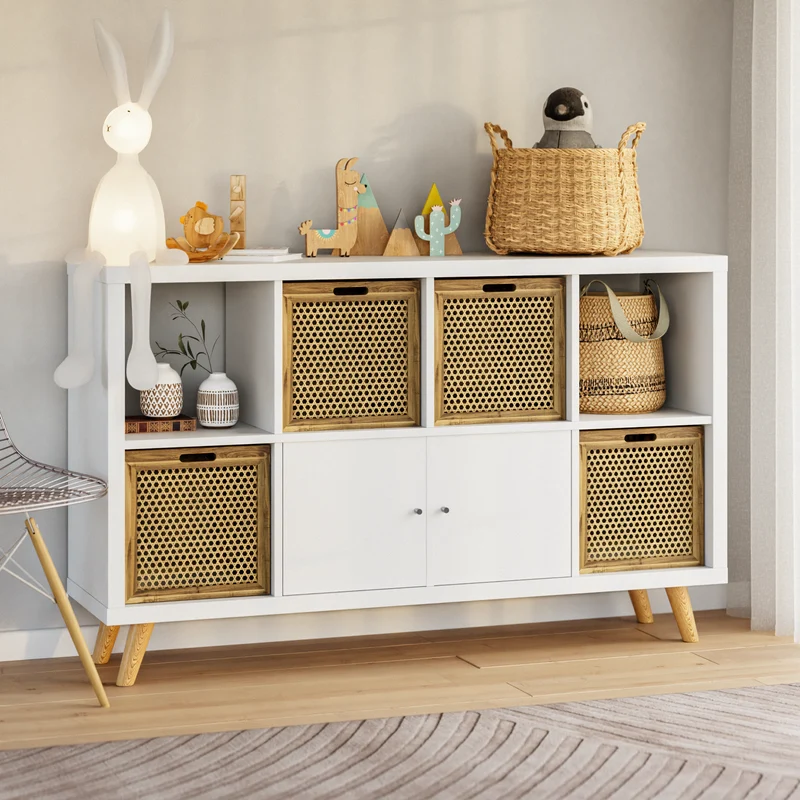 Kallax Rattan Korb mit Wiener Geflecht und Holzrahmen, 32 x 34 x 32cm