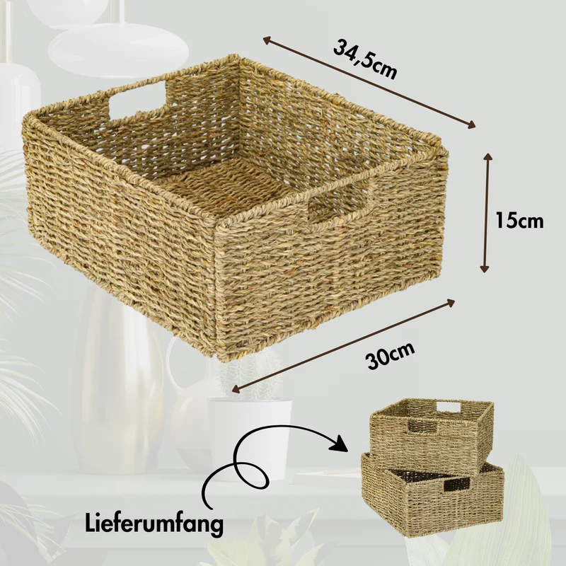 2er Set Korb aus Seegras 30 x 34 x 15cm für halbes Kallax Fach, Flechtkorb