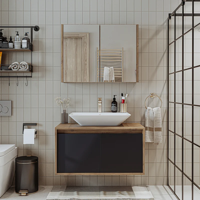 Roomart 3-teiliges Badmöbel-Set ATLANTIC, 85 cm, mit Aufsatzbecken und Spiegelschrank, in 5 Farben