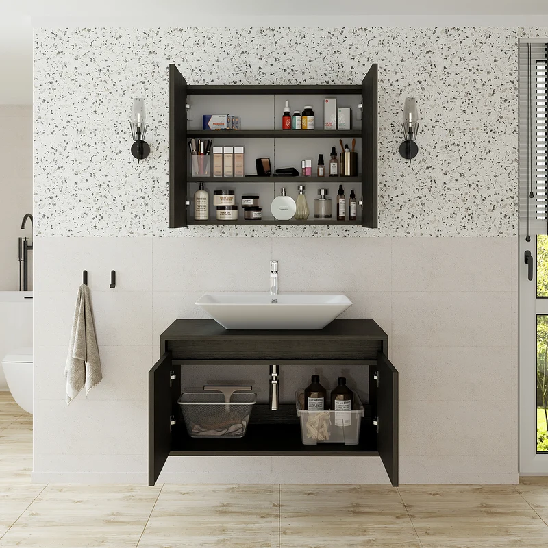 Roomart 3-teiliges Badmöbel-Set ATLANTIC, 85 cm, mit Aufsatzbecken und Spiegelschrank, in 5 Farben
