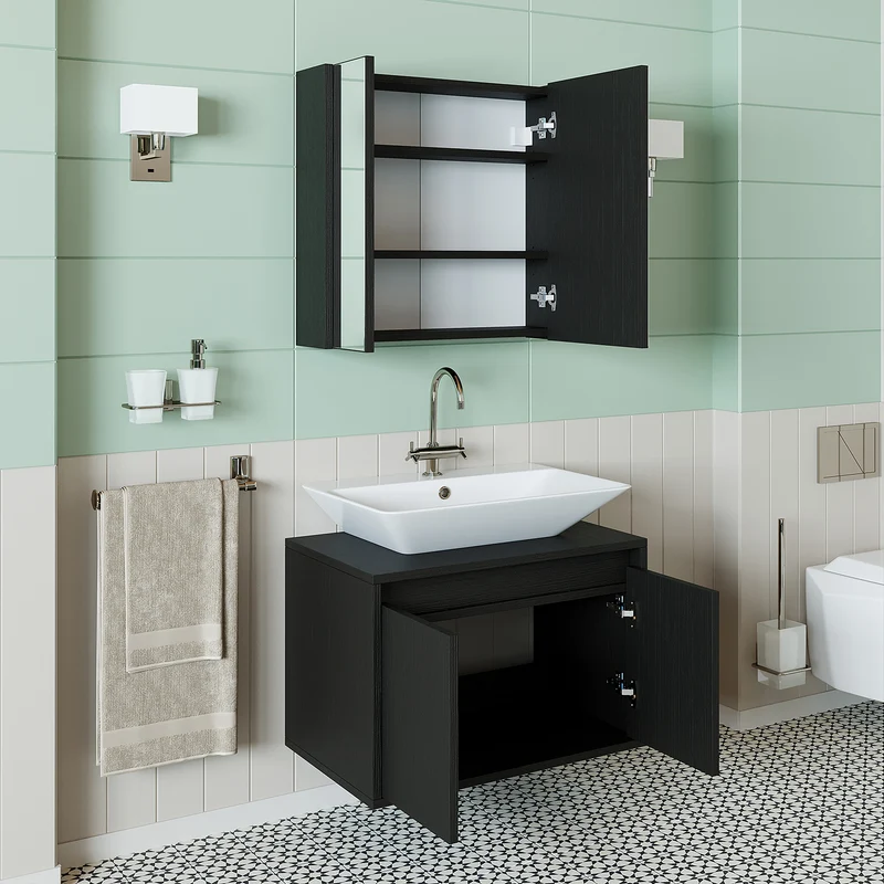 Roomart 3-delige badkamermeubelset ATLANTIC, 65 cm, met opzetwastafel en spiegelkast, in 5 kleuren