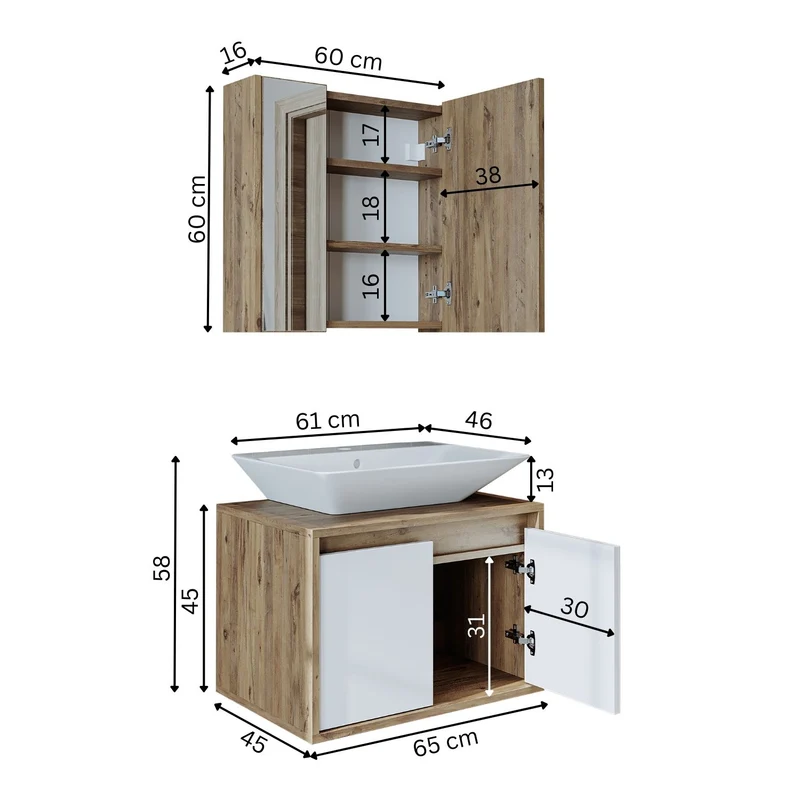 Roomart 3-delige badkamermeubelset ATLANTIC, 65 cm, met opzetwastafel en spiegelkast, in 5 kleuren