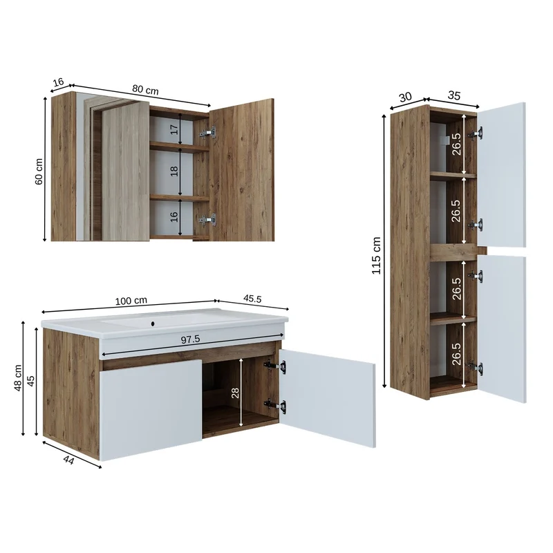 Roomart 4-delige badkamermeubelset ATRIA, 100 cm, met spiegelkast en kolomkast, in 4 kleuren