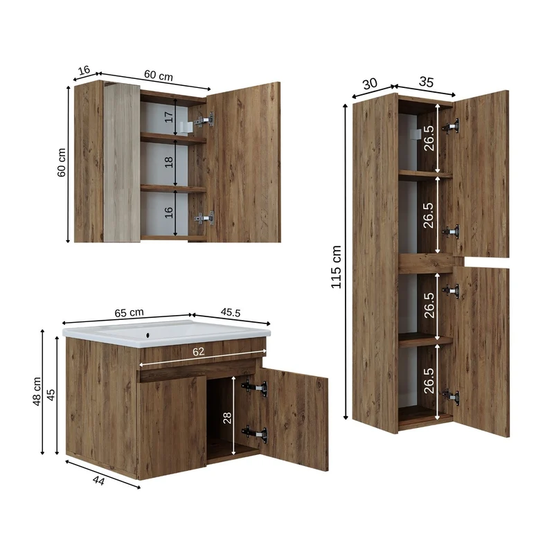Roomart 4-teiliges Badmöbel-Set ATRIA, 65 cm, mit Spiegelschrank und Hochschrank, in 4 Farben