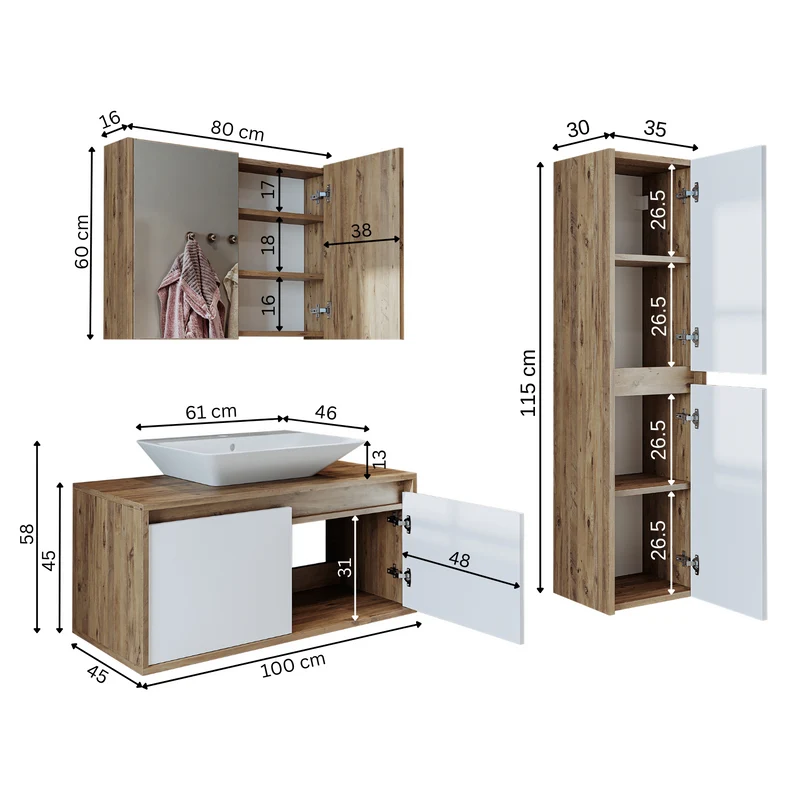 Roomart 4-delige badkamermeubelset ATLANTIC, 100 cm, met spiegelkast en kolomkast, in 5 kleuren