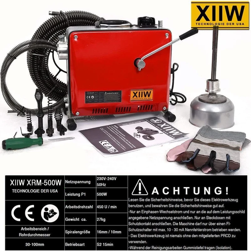 Rohrreiniger 500W mit 16mm 29M Spirale, Ø30-100mm Rohrreinigungsmaschine