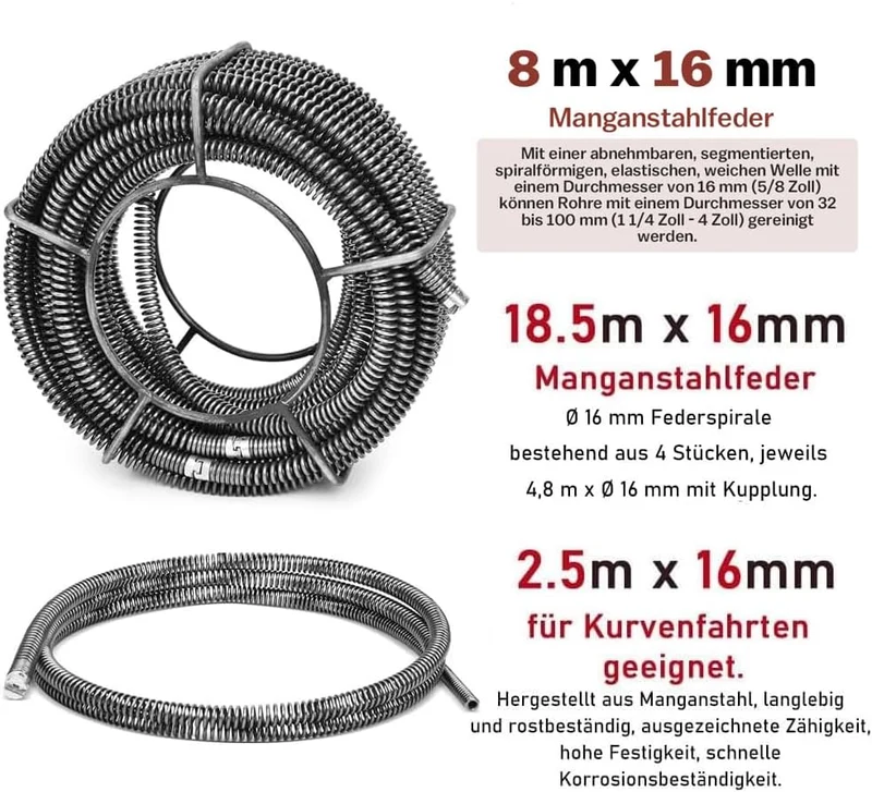 Rohrreiniger 500W mit 16mm 29M Spirale, Ø30-100mm Rohrreinigungsmaschine