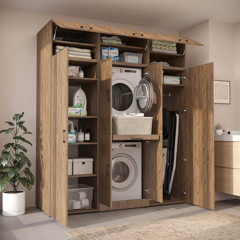 Roomart wasmachinekast DORA-I, 190 cm breed, voor wasmachine en droger met 2 hoge kasten, in 5 kleuren