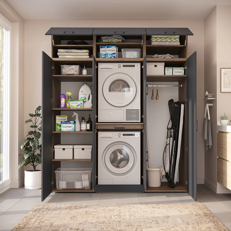 Roomart wasmachinekast DORA-I, 190 cm breed, voor wasmachine en droger met 2 hoge kasten, in 5 kleuren