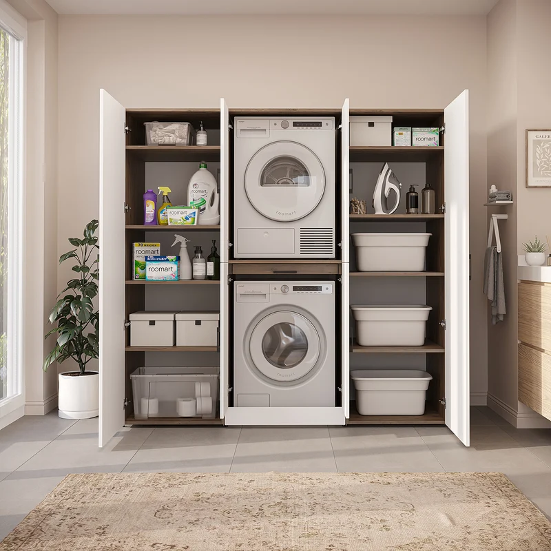 Roomart wasmachinekast DORA-I, 190 cm breed, voor wasmachine en droger met 2 hoge kasten, in 5 kleuren