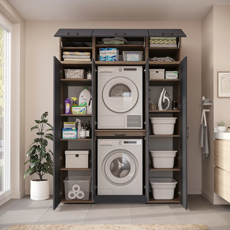 Roomart wasmachinekast DORA-I, 160 cm breed, voor wasmachine en droger met 2 hoge kasten, in 5 kleuren