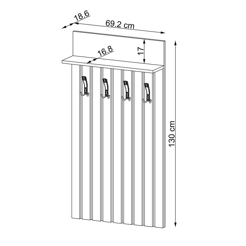 Roomart garderobepaneel NORD, 130 cm, met 4 dubbele haken en hoedenplank, in 2 kleuren