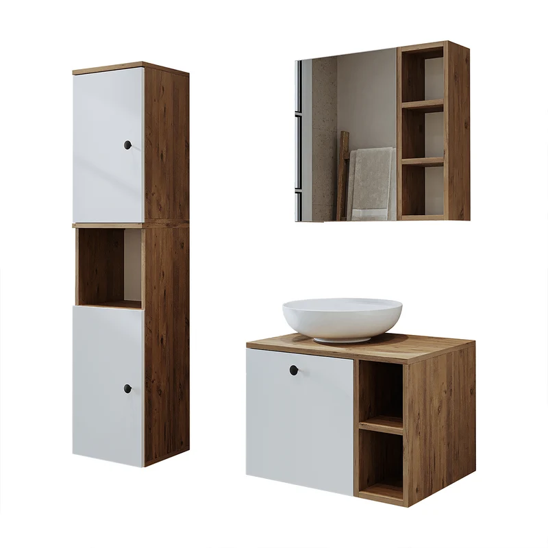 Roomart 4-delige badkamermeubelset LOTUS, 65 cm, met ronde opzetwastafel en hoge kast, in 3 kleuren