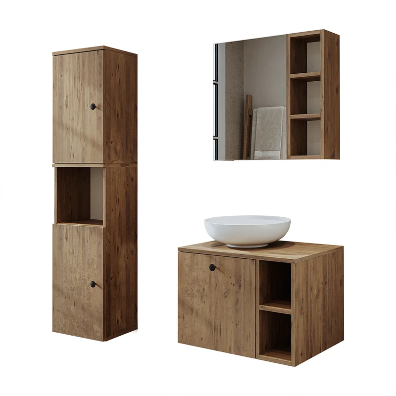 Roomart 4-delige badkamermeubelset LOTUS, 65 cm, met ronde opzetwastafel en hoge kast, in 3 kleuren