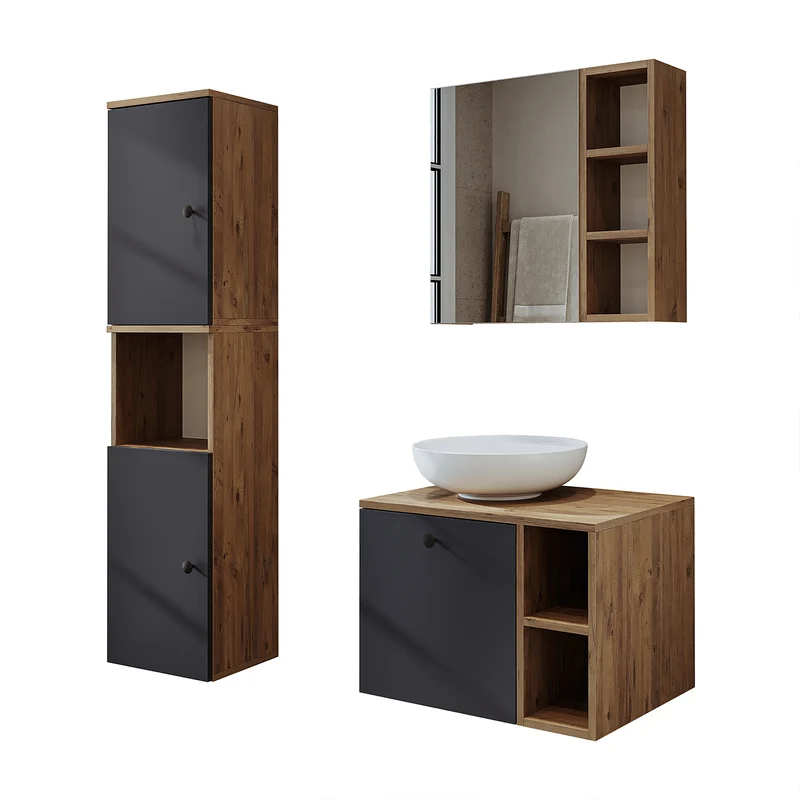 Roomart 4-delige badkamermeubelset LOTUS, 65 cm, met ronde opzetwastafel en hoge kast, in 3 kleuren