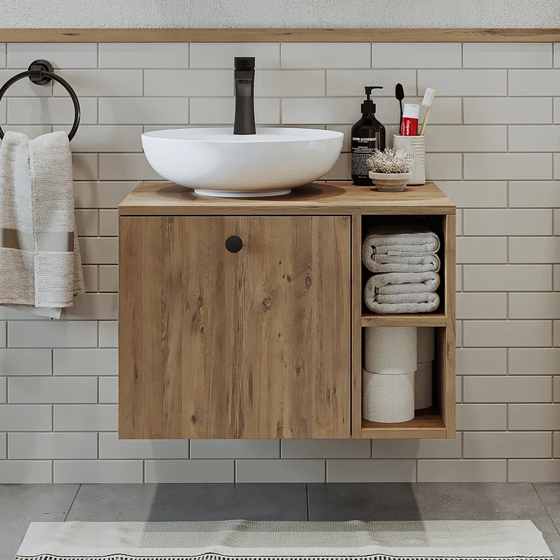 Roomart 4-delige badkamermeubelset LOTUS, 65 cm, met ronde opzetwastafel en hoge kast, in 3 kleuren