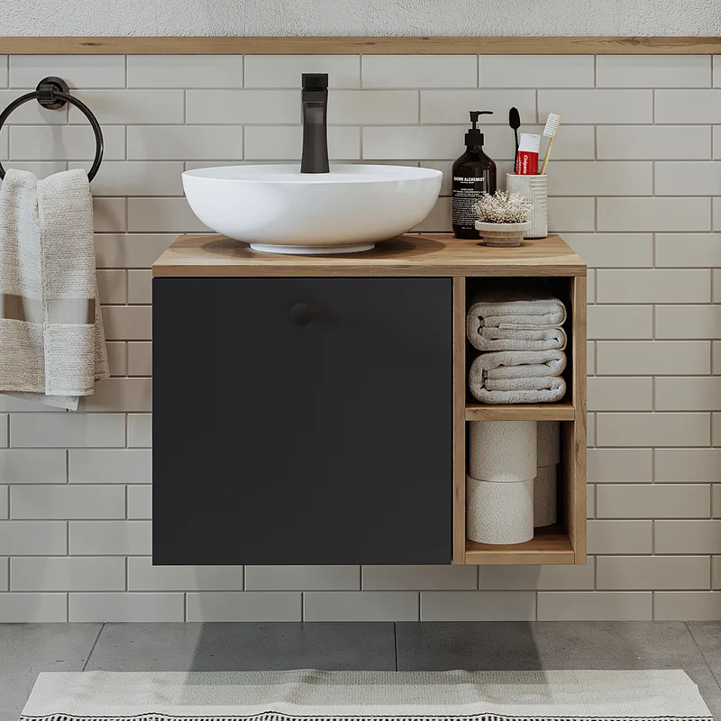 Roomart 4-delige badkamermeubelset LOTUS, 65 cm, met ronde opzetwastafel en hoge kast, in 3 kleuren