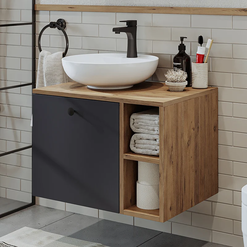 Roomart 4-delige badkamermeubelset LOTUS, 65 cm, met ronde opzetwastafel en hoge kast, in 3 kleuren
