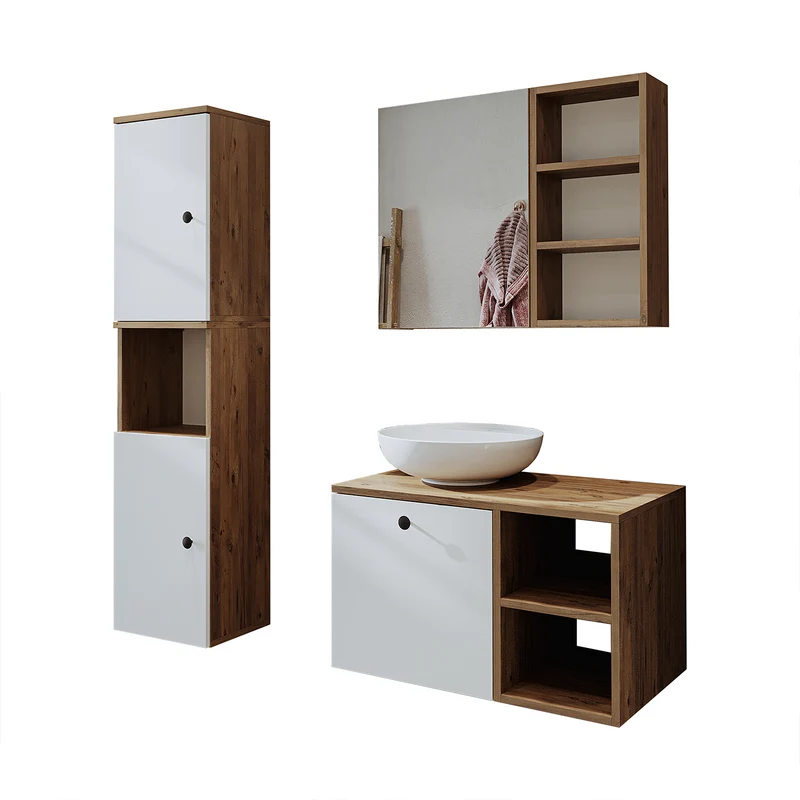 Roomart 4-teiliges Badmöbel-Set LOTUS, 75 cm, mit rundem Aufsatzbecken und Hochschrank, in 3 Farben