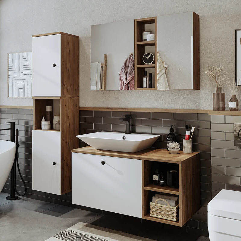 Roomart badkamermeubelset LOTUS 95 cm – 4-delig badkamermeubel met keramische wastafel, spiegelkast & kolomkast – Modern design