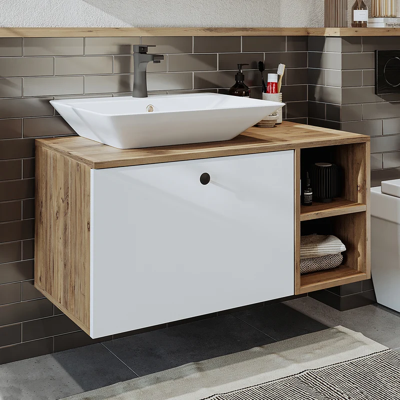 Roomart badkamermeubelset LOTUS 95 cm – 4-delig badkamermeubel met keramische wastafel, spiegelkast & kolomkast – Modern design