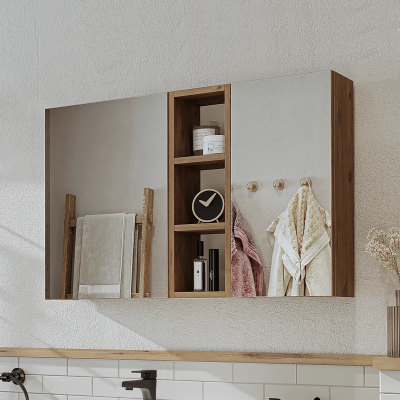 Roomart badkamermeubelset LOTUS 95 cm – 4-delig badkamermeubel met keramische wastafel, spiegelkast & kolomkast – Modern design