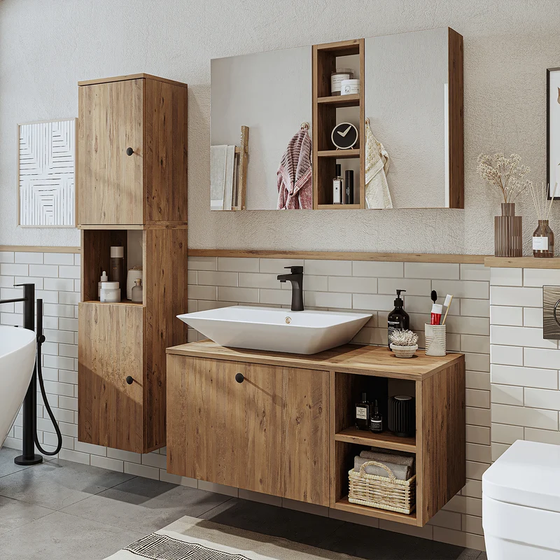 Roomart badkamermeubelset LOTUS 95 cm – 4-delig badkamermeubel met keramische wastafel, spiegelkast & kolomkast – Modern design