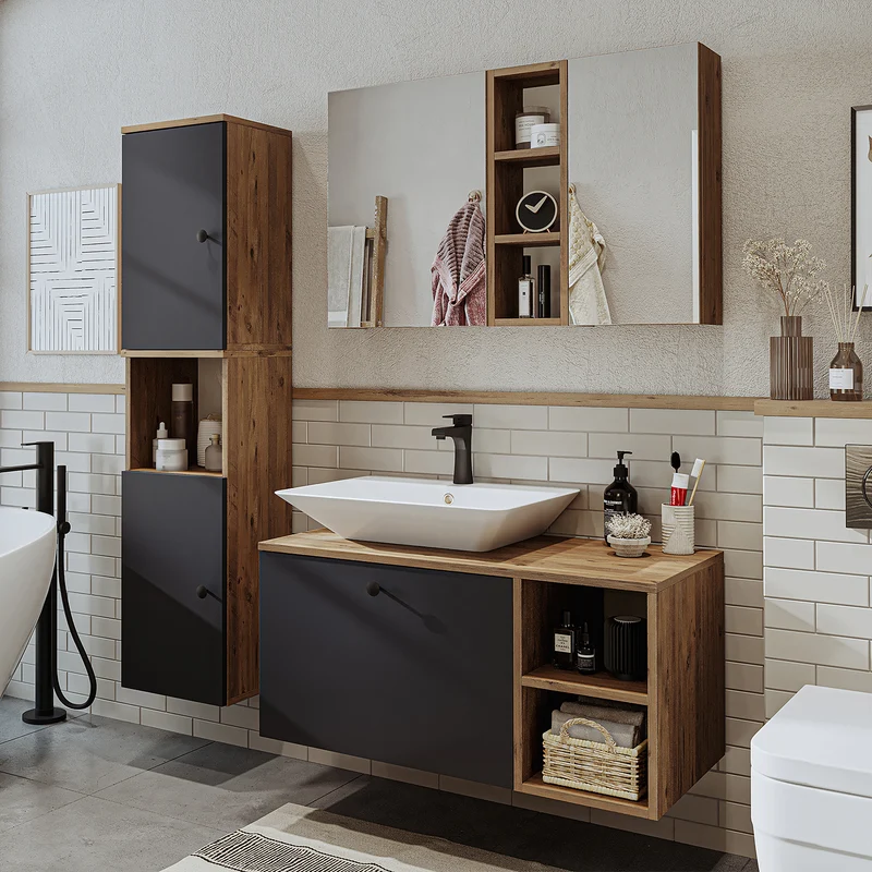 Roomart badkamermeubelset LOTUS 95 cm – 4-delig badkamermeubel met keramische wastafel, spiegelkast & kolomkast – Modern design