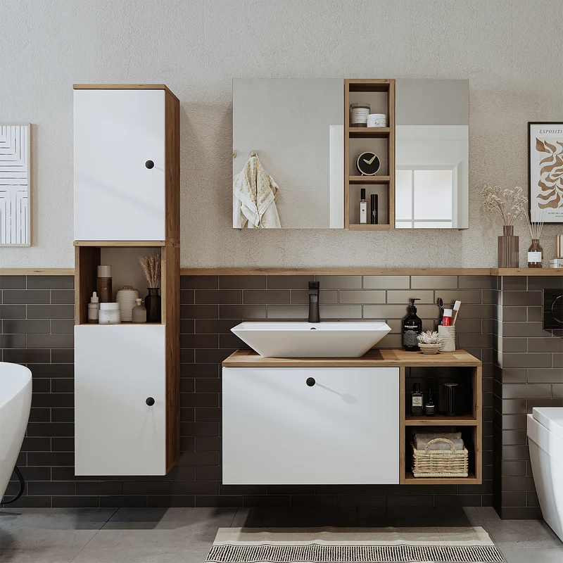 Roomart badkamermeubelset LOTUS 95 cm – 4-delig badkamermeubel met keramische wastafel, spiegelkast & kolomkast – Modern design