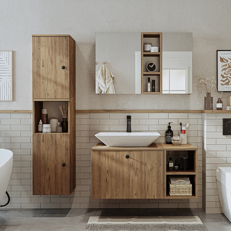 Roomart badkamermeubelset LOTUS 95 cm – 4-delig badkamermeubel met keramische wastafel, spiegelkast & kolomkast – Modern design