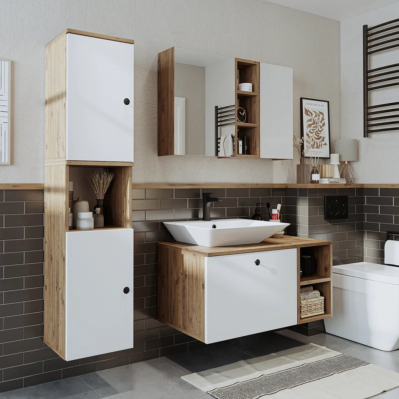 Roomart badkamermeubelset LOTUS 95 cm – 4-delig badkamermeubel met keramische wastafel, spiegelkast & kolomkast – Modern design