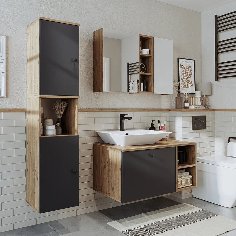 Roomart badkamermeubelset LOTUS 95 cm – 4-delig badkamermeubel met keramische wastafel, spiegelkast & kolomkast – Modern design