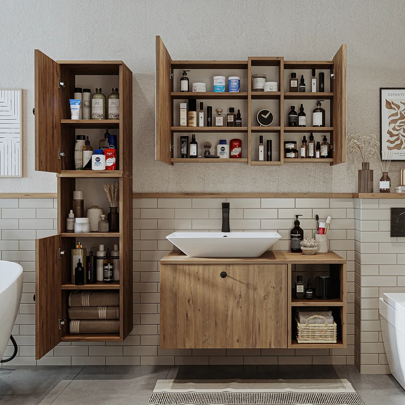 Roomart badkamermeubelset LOTUS 95 cm – 4-delig badkamermeubel met keramische wastafel, spiegelkast & kolomkast – Modern design