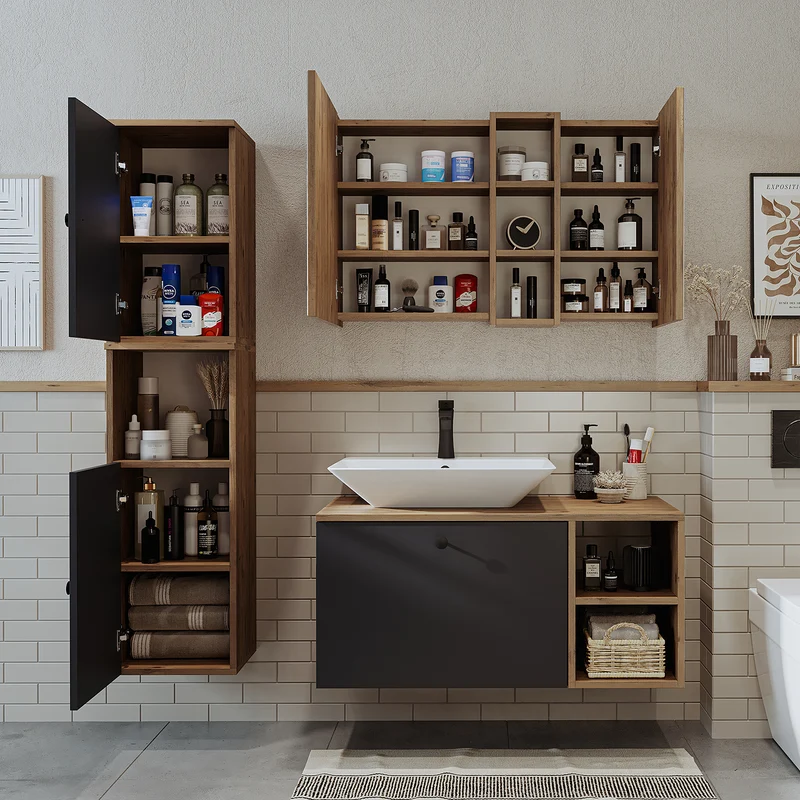 Roomart badkamermeubelset LOTUS 95 cm – 4-delig badkamermeubel met keramische wastafel, spiegelkast & kolomkast – Modern design