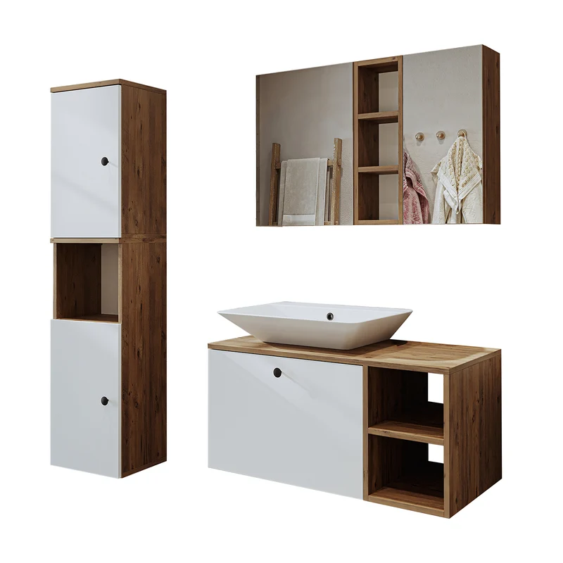 Roomart badkamermeubelset LOTUS 95 cm – 4-delig badkamermeubel met keramische wastafel, spiegelkast & kolomkast – Modern design