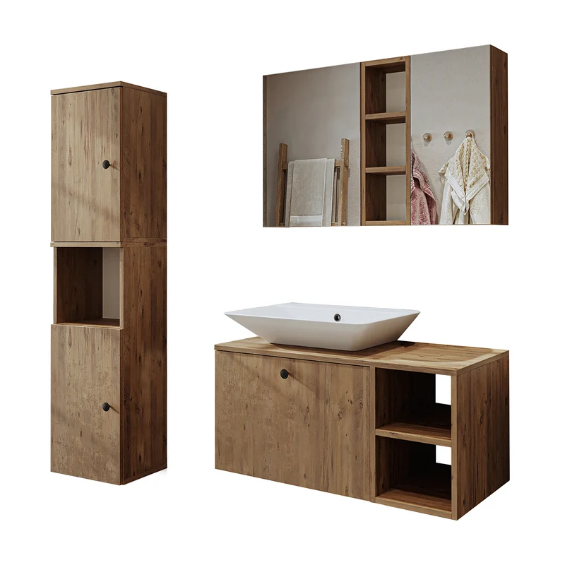 Roomart badkamermeubelset LOTUS 95 cm – 4-delig badkamermeubel met keramische wastafel, spiegelkast & kolomkast – Modern design