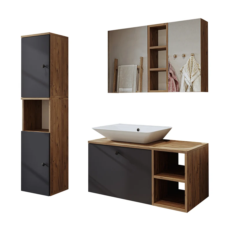 Roomart badkamermeubelset LOTUS 95 cm – 4-delig badkamermeubel met keramische wastafel, spiegelkast & kolomkast – Modern design