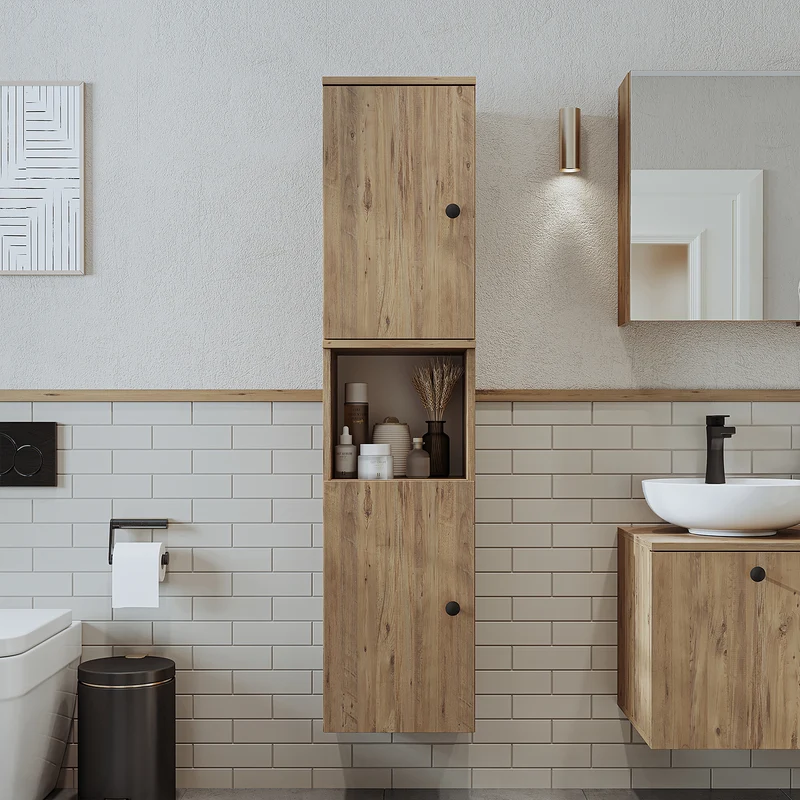 Roomart badkamermeubelset LOTUS 95 cm – 4-delig badkamermeubel met keramische wastafel, spiegelkast & kolomkast – Modern design