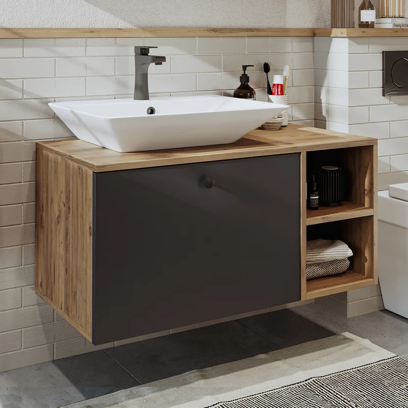 Roomart badkamermeubelset LOTUS 95 cm – 4-delig badkamermeubel met keramische wastafel, spiegelkast & kolomkast – Modern design