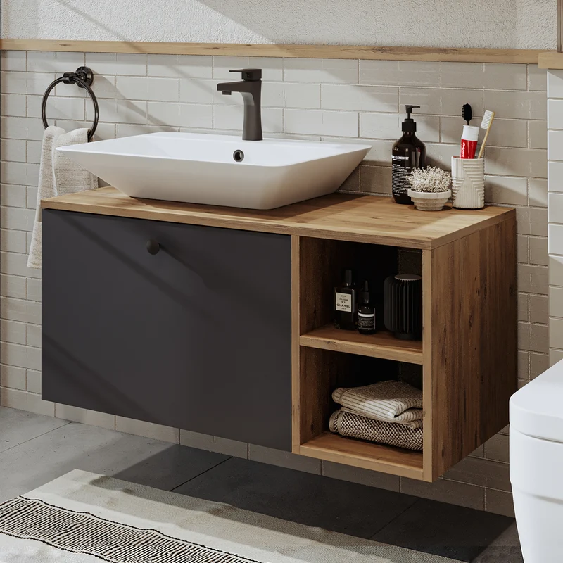 Roomart badkamermeubelset LOTUS 95 cm – 4-delig badkamermeubel met keramische wastafel, spiegelkast & kolomkast – Modern design