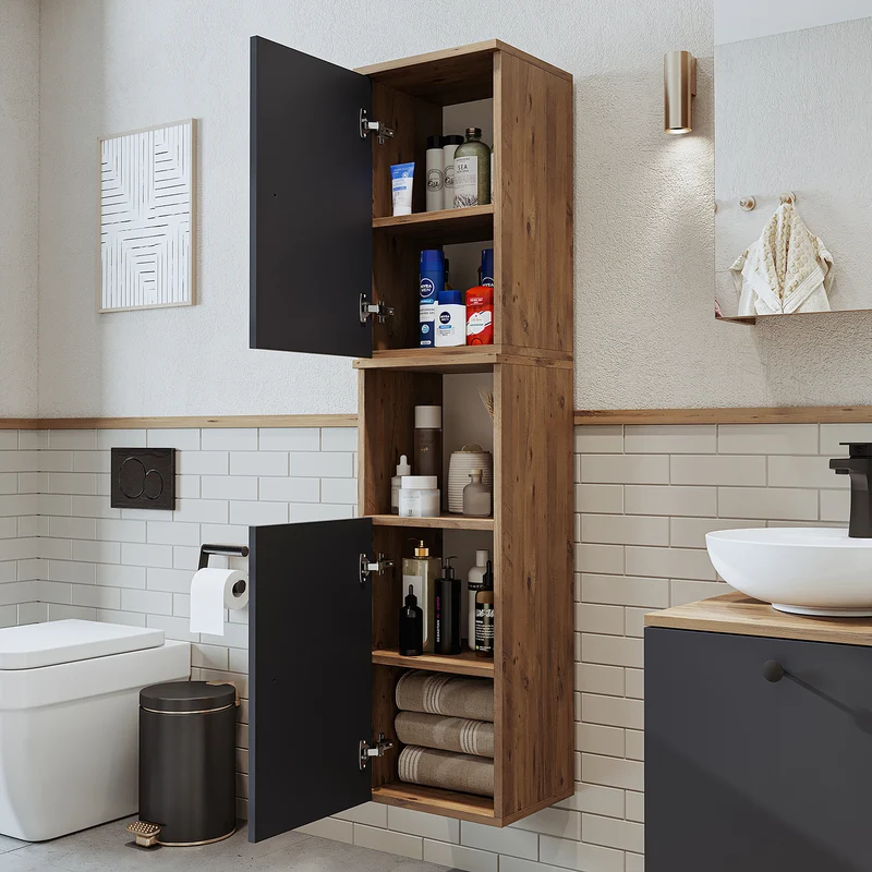 Roomart badkamermeubelset LOTUS 95 cm – 4-delig badkamermeubel met keramische wastafel, spiegelkast & kolomkast – Modern design