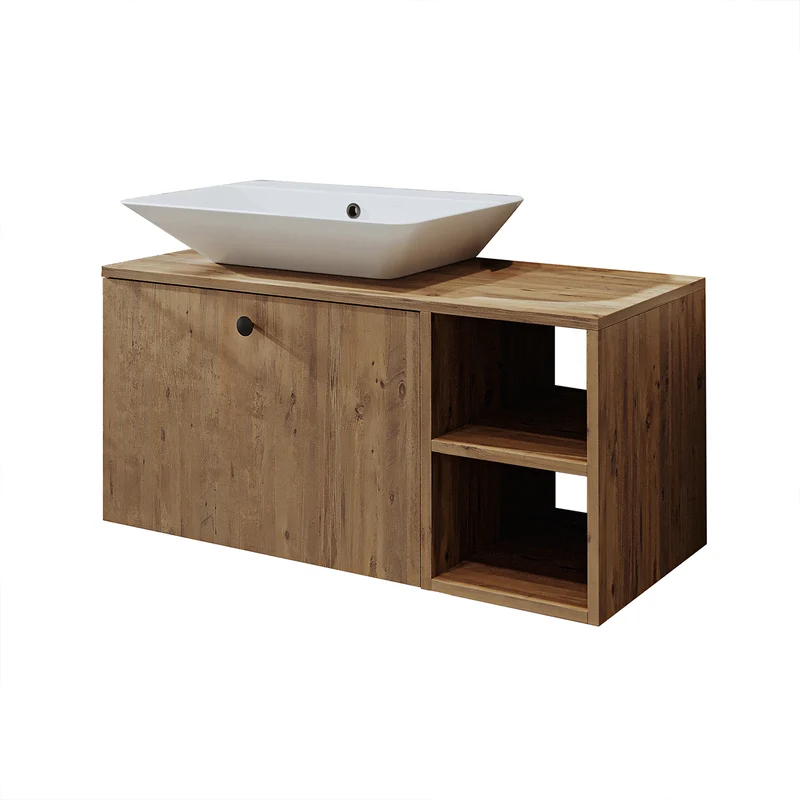 Roomart badkamermeubelset LOTUS 95 cm – 4-delig badkamermeubel met keramische wastafel, spiegelkast & kolomkast – Modern design