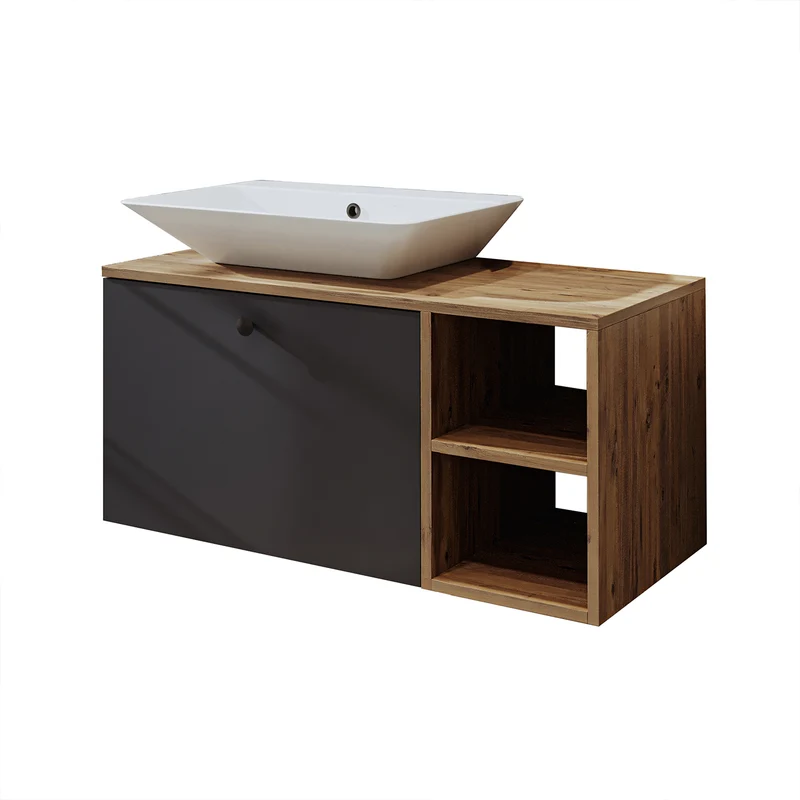 Roomart badkamermeubelset LOTUS 95 cm – 4-delig badkamermeubel met keramische wastafel, spiegelkast & kolomkast – Modern design