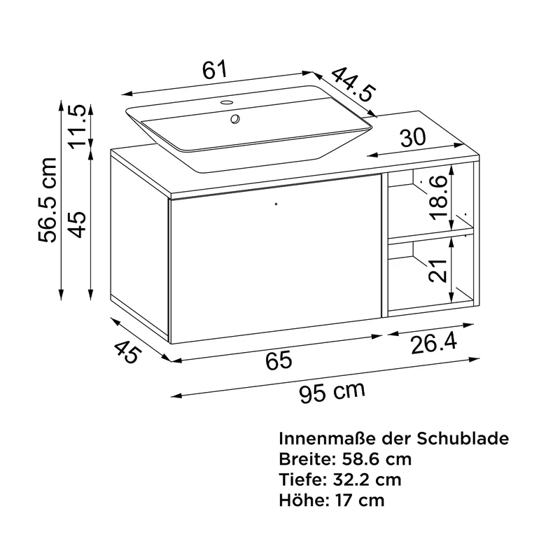 Roomart badkamermeubelset LOTUS 95 cm – 4-delig badkamermeubel met keramische wastafel, spiegelkast & kolomkast – Modern design