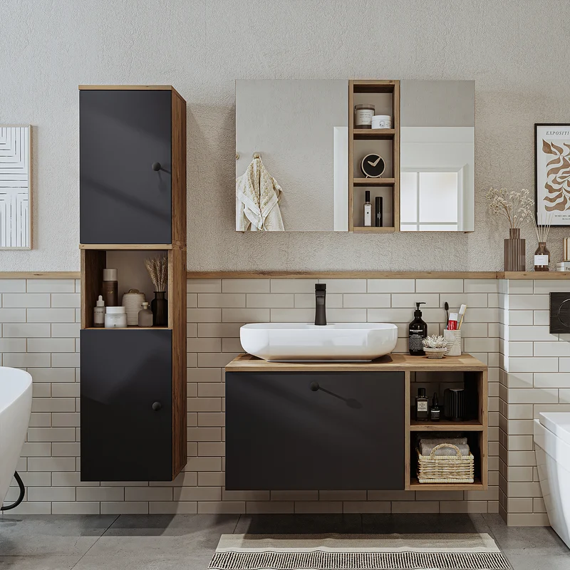 Roomart 4-delige badkamermeubelset LOTUS, 95 cm, met ovale opbouwkom en hoge kast, in 3 kleuren