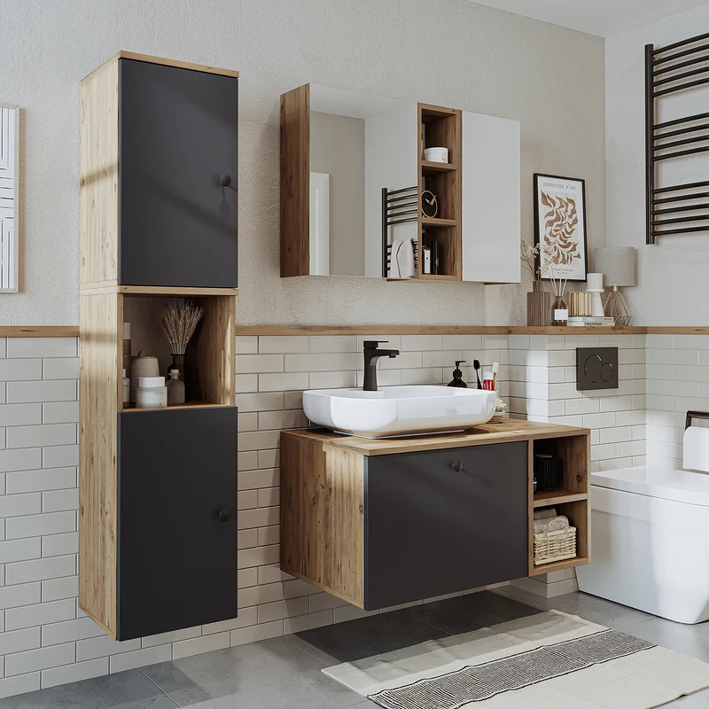 Roomart 4-delige badkamermeubelset LOTUS, 95 cm, met ovale opbouwkom en hoge kast, in 3 kleuren