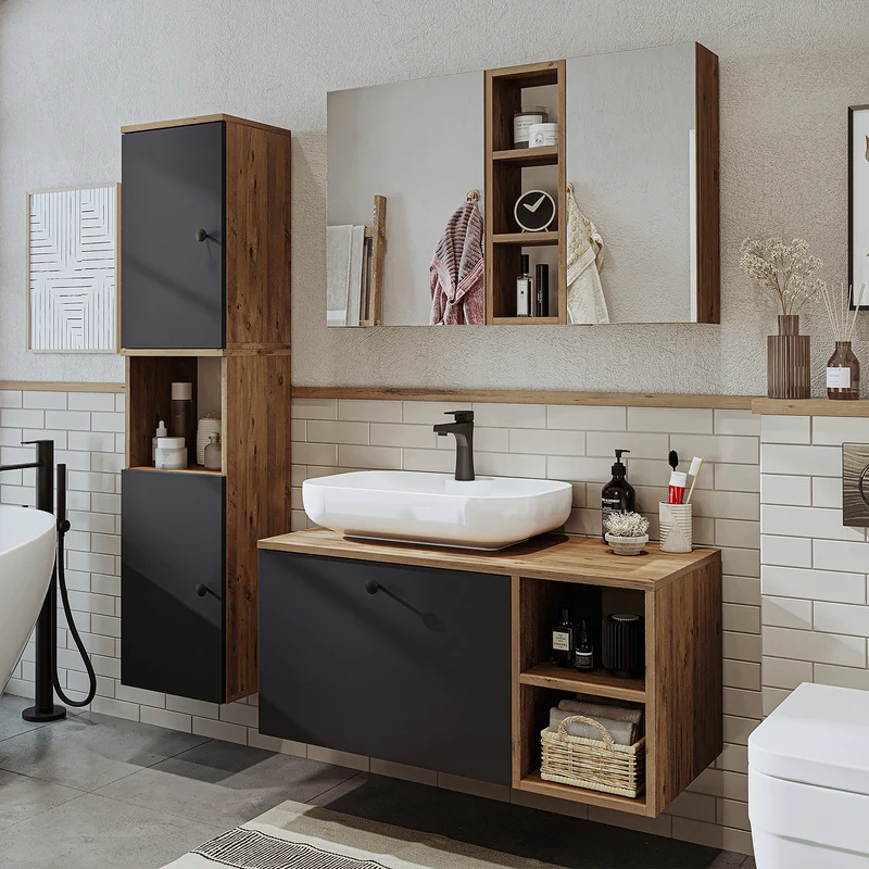 Roomart 4-delige badkamermeubelset LOTUS, 95 cm, met ovale opbouwkom en hoge kast, in 3 kleuren