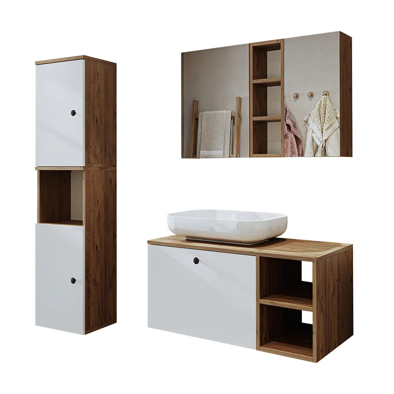 Roomart 4-delige badkamermeubelset LOTUS, 95 cm, met ovale opbouwkom en hoge kast, in 3 kleuren
